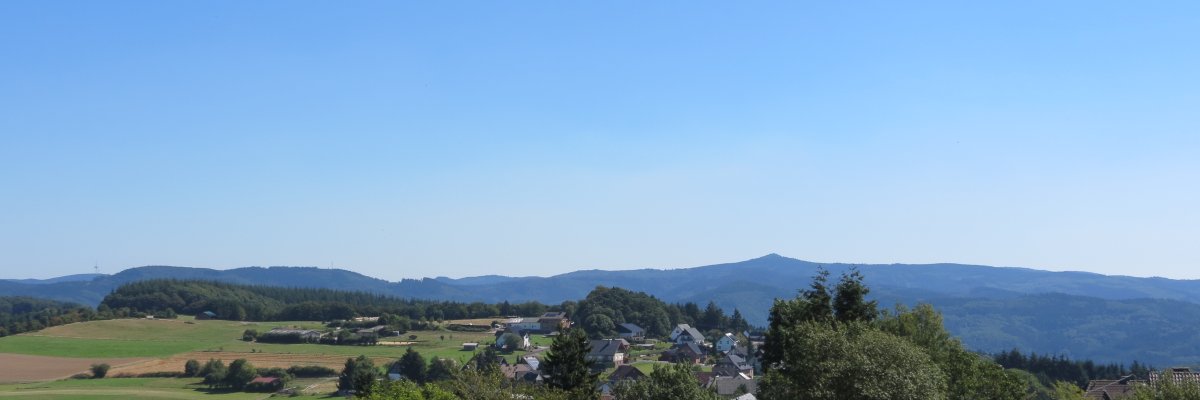 Blick auf Reifferscheid Ländliche Landschaft mit grünen Feldern im Vordergrund, einem kleinen Dorf mit Häusern und Bäumen in der Mitte und sanften Hügeln oder Bergen im Hintergrund. Darüber ein klarer blauer Himmel.